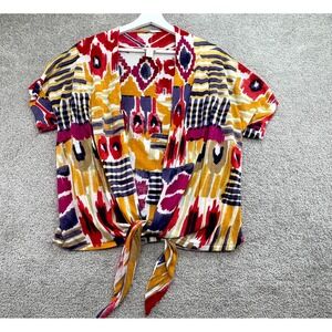 Chico's Cardigan Sweater Women 2 Multicolor Art to Wear Knit Knot Front Geometic